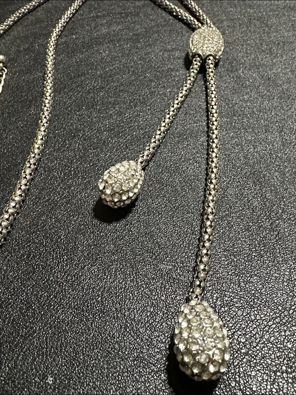 Chico’s Pave’ Crystal Pendant & Drops Silver Tone Y Lariat Necklace
